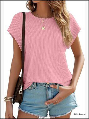 Short Sleeve Ribbed Blouse Relaxed Fit Crew Neck Office Top